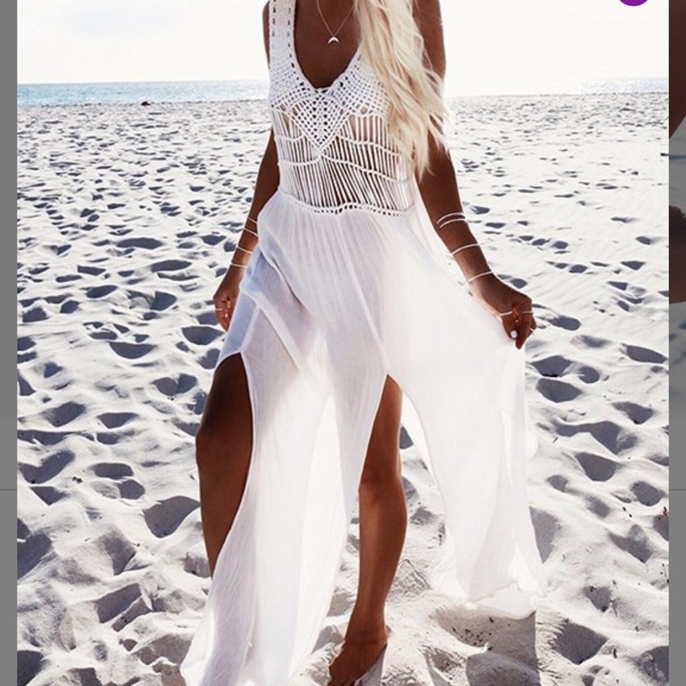 New White Crochet Double slit Maxi Dress